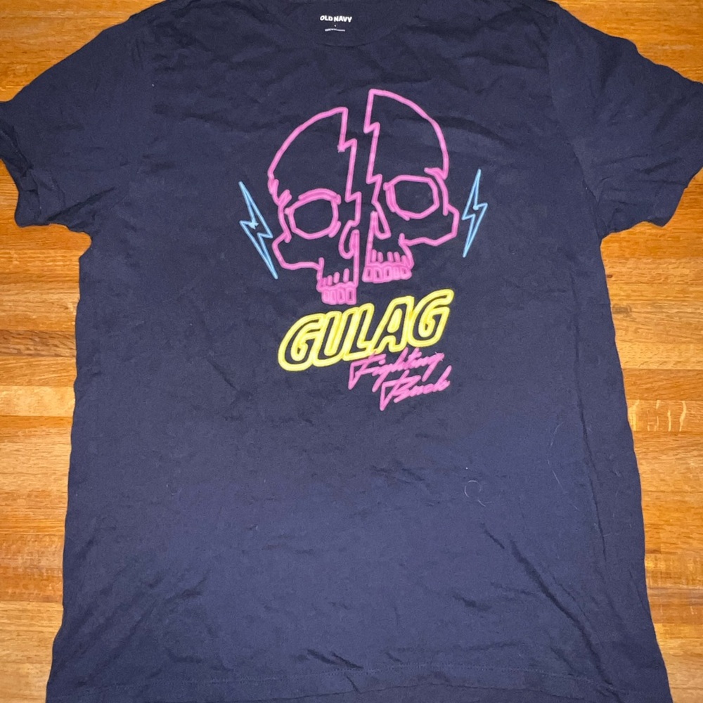 Old Navy Blue Tee with Neon Skull Design